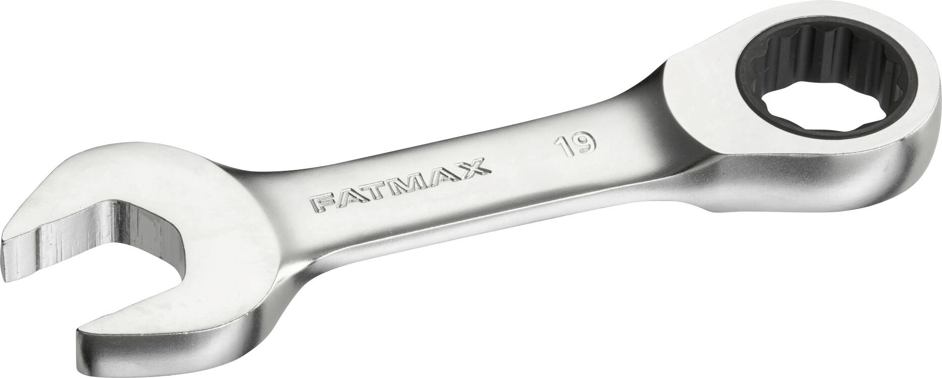 A silver adjustable spanner with open and closed ends. Stamped with 'FATMAX' and the number 19, suitable for 19 mm nuts.