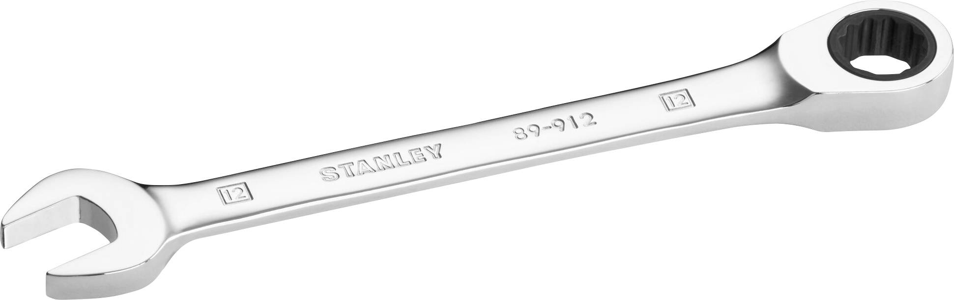 A silver adjustable spanner with an open-ended and ring-ended design. 'Stanley' is engraved on the surface.