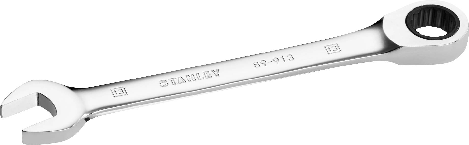 A silver adjustable spanner with a ring spanner at one end, branded 'Stanley', model number on the other side.