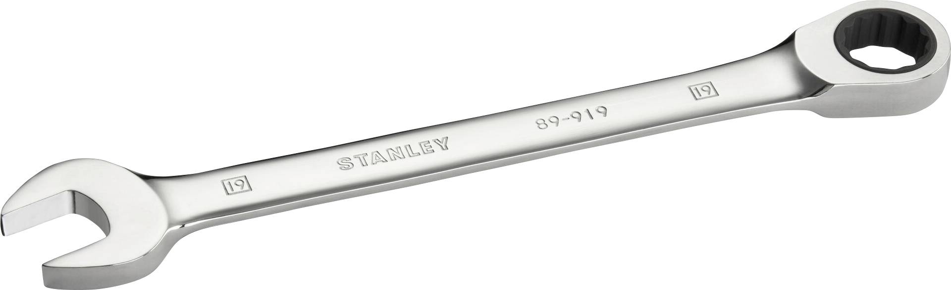 Metal spanner with open and closed ends, suitable for bolts of size 19.