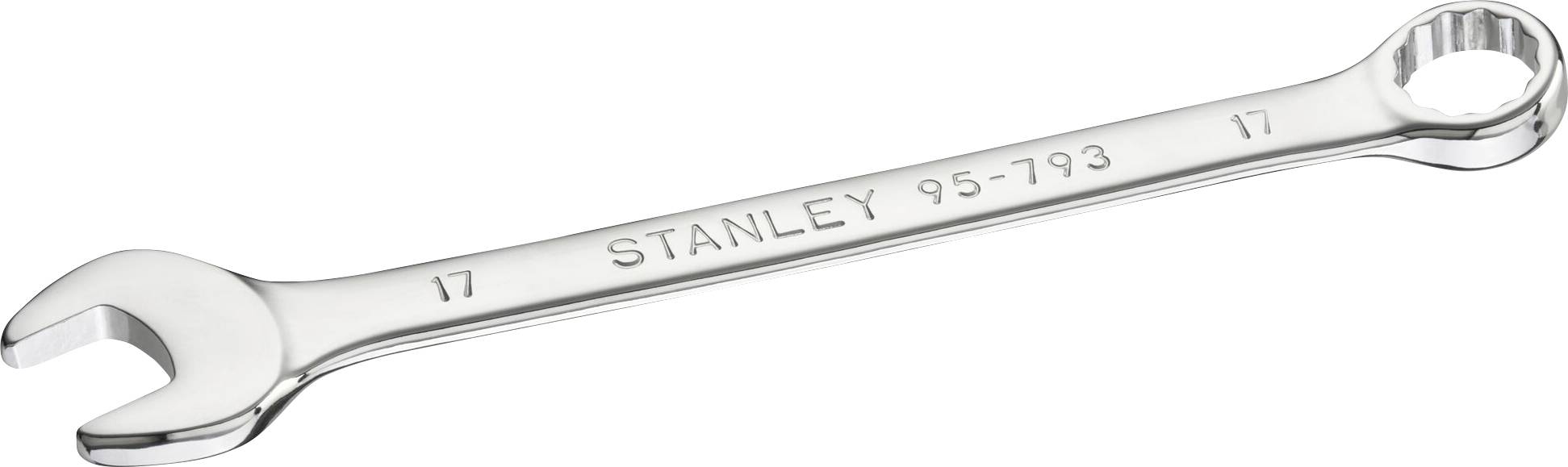 A gleaming ring key with an open and closed side, stamped with 'STANLEY 95-793' and the number 17, rests on a surface.