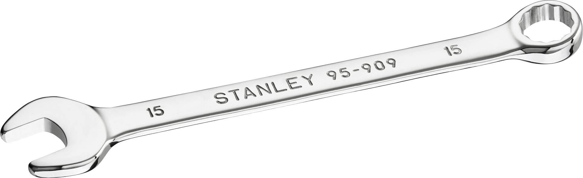 A silver spanner with the inscription 'STANLEY 95-909 15'. Open-ended jaw on the left, ring spanner on the right.