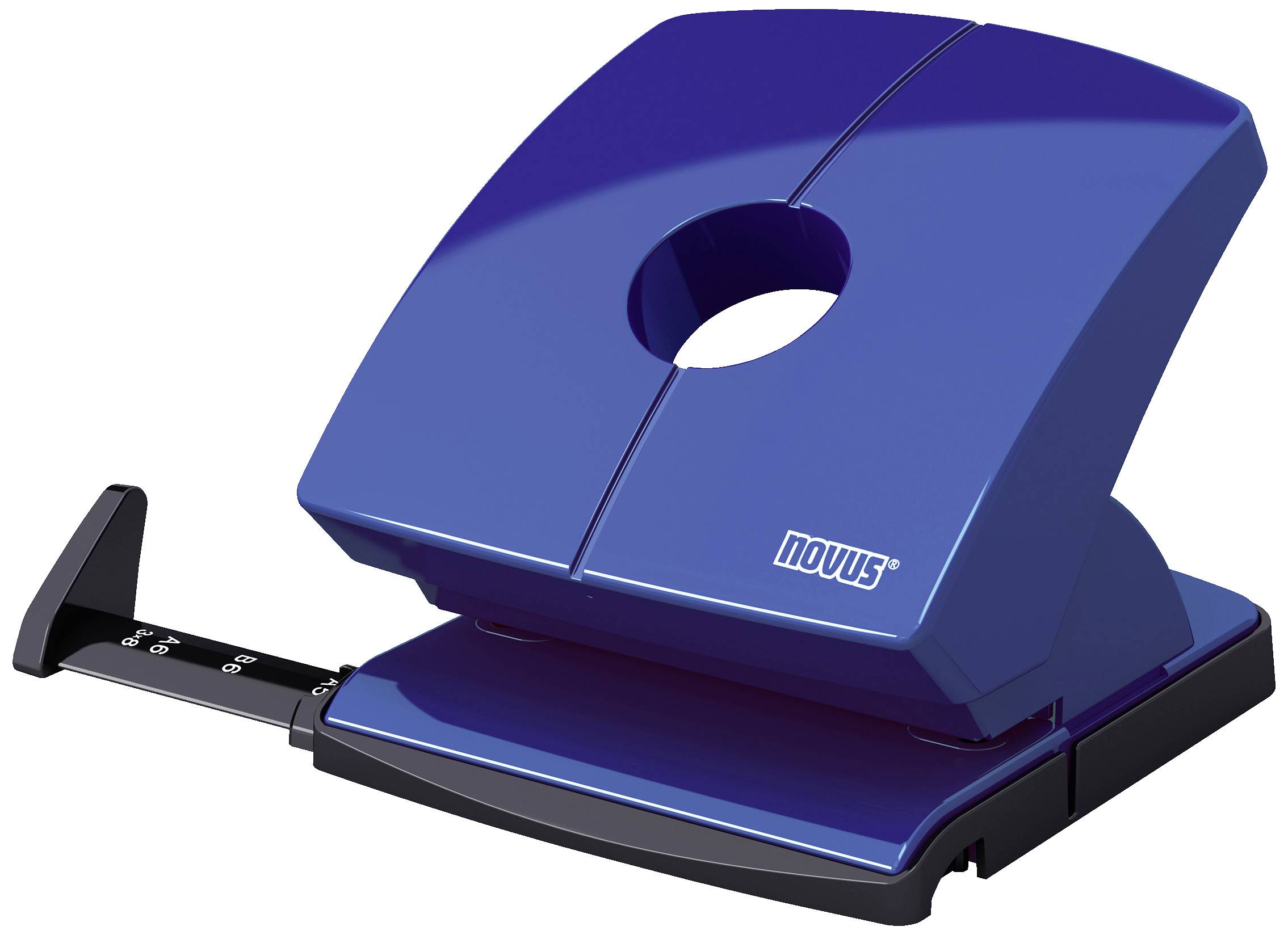 A blue hole punch with adjustable paper guide, suitable for punching holes in paper documents for filing in folders.