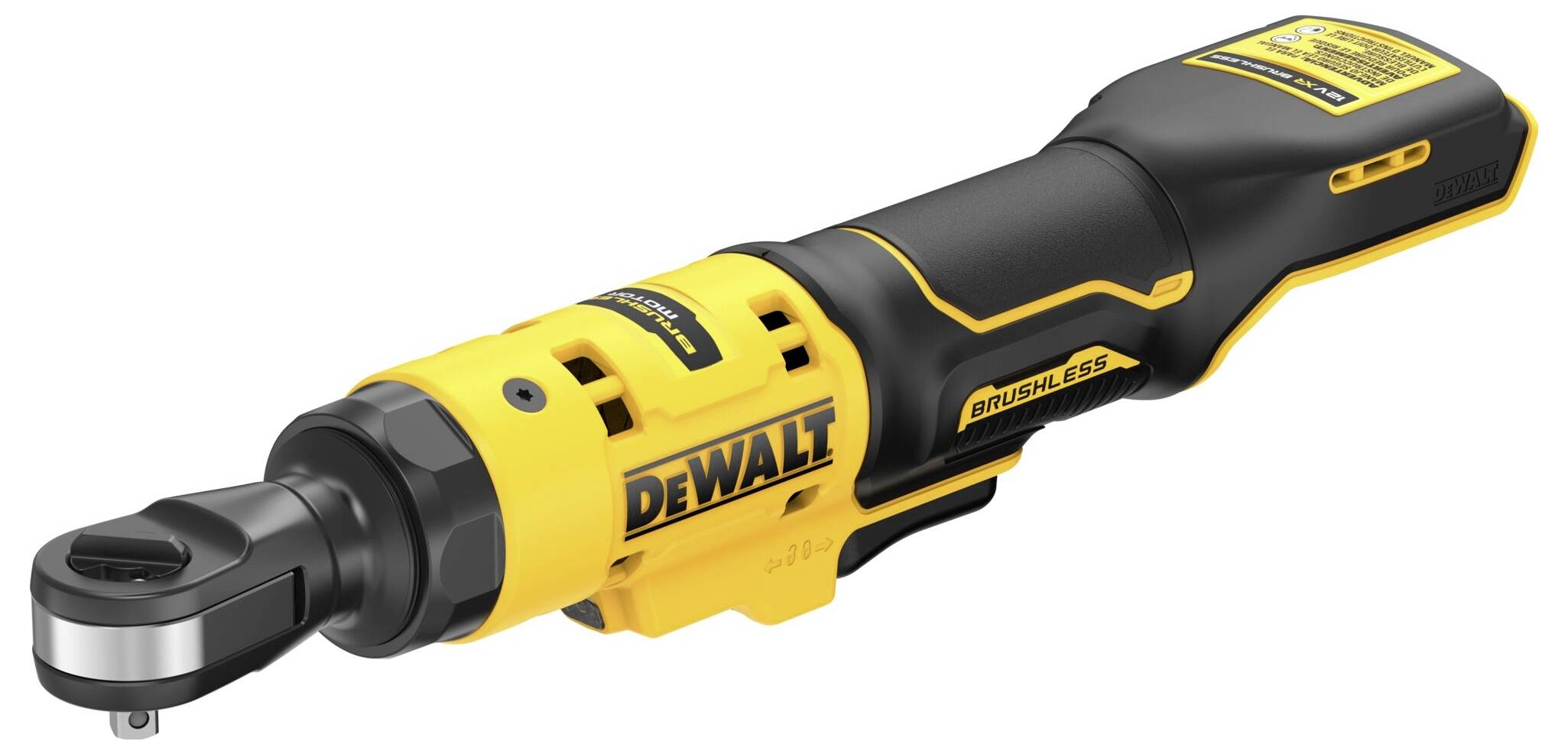 A yellow and black cordless ratchet screwdriver with the brand inscription 'DEWALT'. Ideal for repair and assembly work.