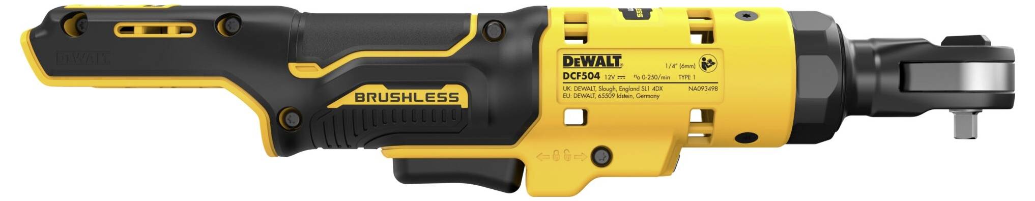 90-Degree Right-Angle Electric Impact Driver, yellow and black, marked 'Brushless'. Key feature: compact for confined spaces.