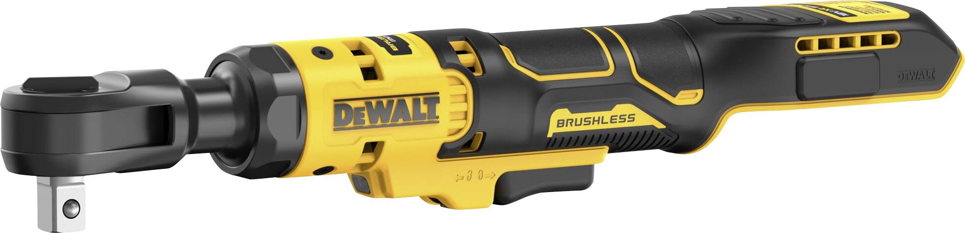 Electric impact driver in yellow and black from the side, with 'DEWALT' logo. Ergonomic design, suitable for construction work.