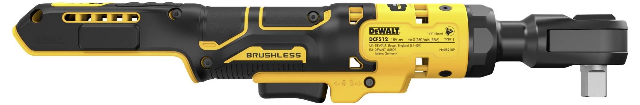 Battery-powered angle impact wrench in black and yellow with 'BRUSHLESS' marking on the side. Brand name and model printed.