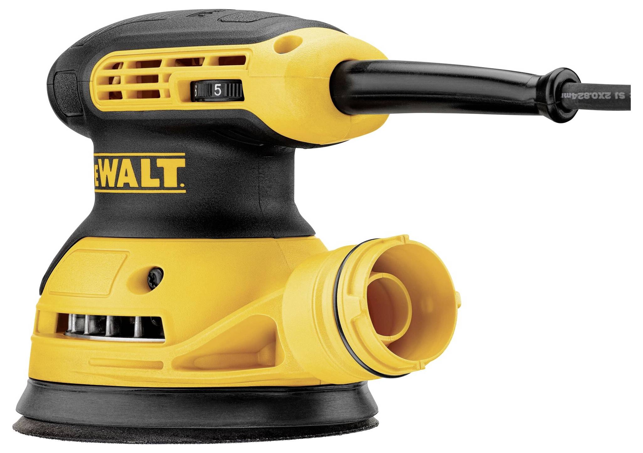 Yellow and black electric orbital sander. Brand name on the side. Tool with exhaust outlet and handle.