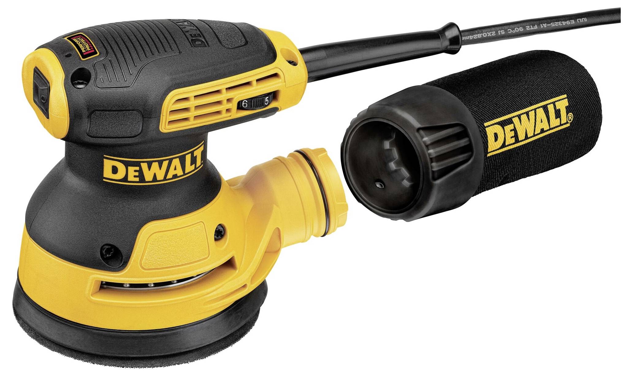 A DeWalt electric grinder with a black and yellow design, alongside a matching dust collection container with the DeWalt logo.