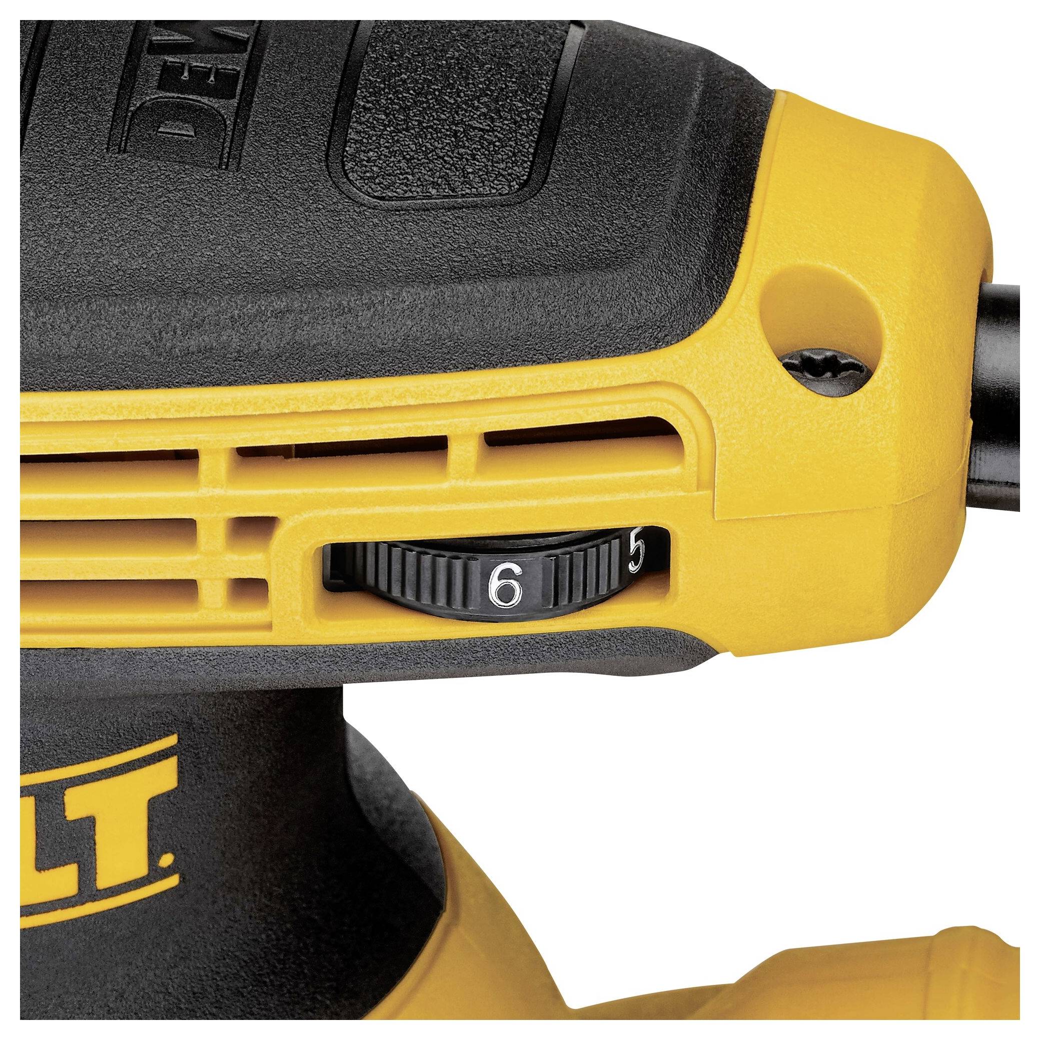 A yellow power tool handle with a black rotary dial set to level 6. Ventilation slots are visible.