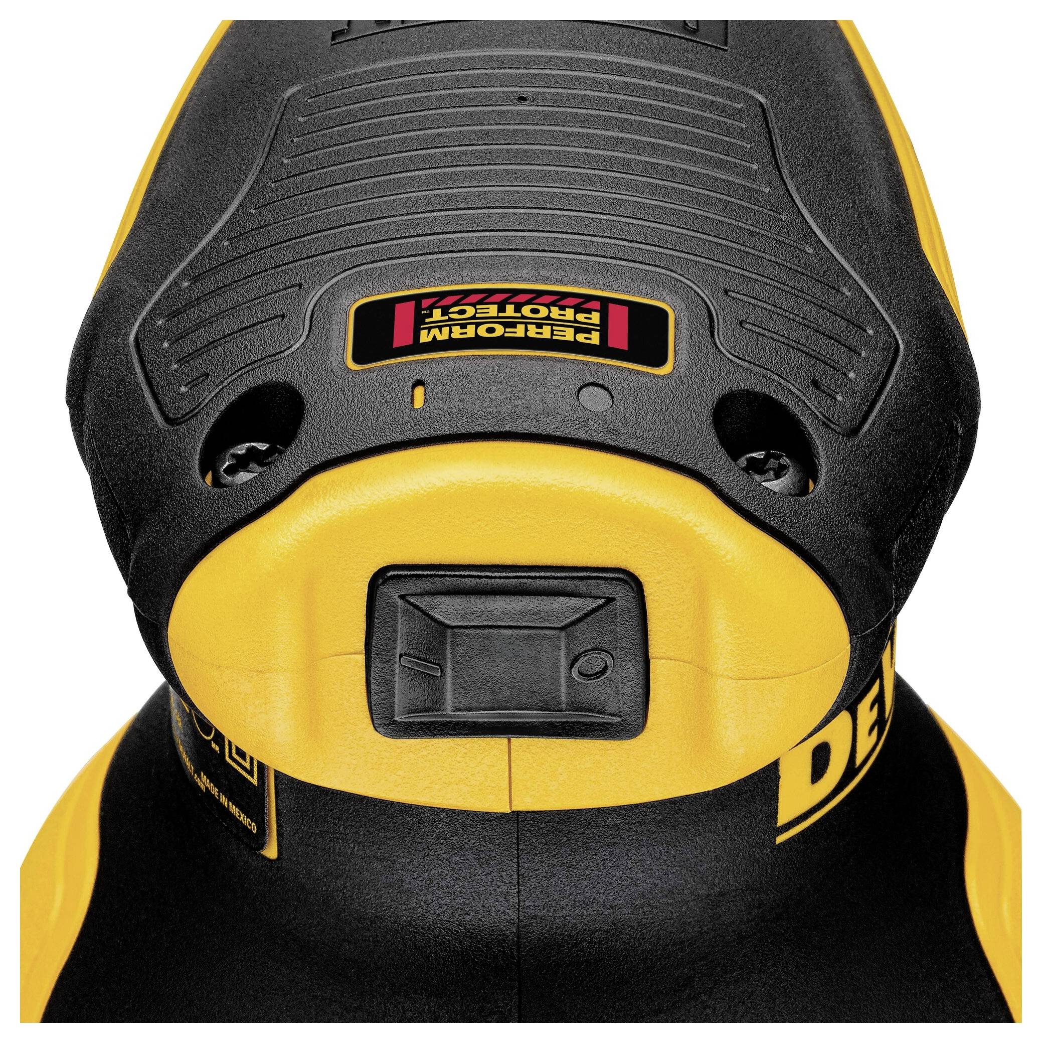 A yellow and black electric sander with a round sanding head and black handle, featuring a performance protection label.