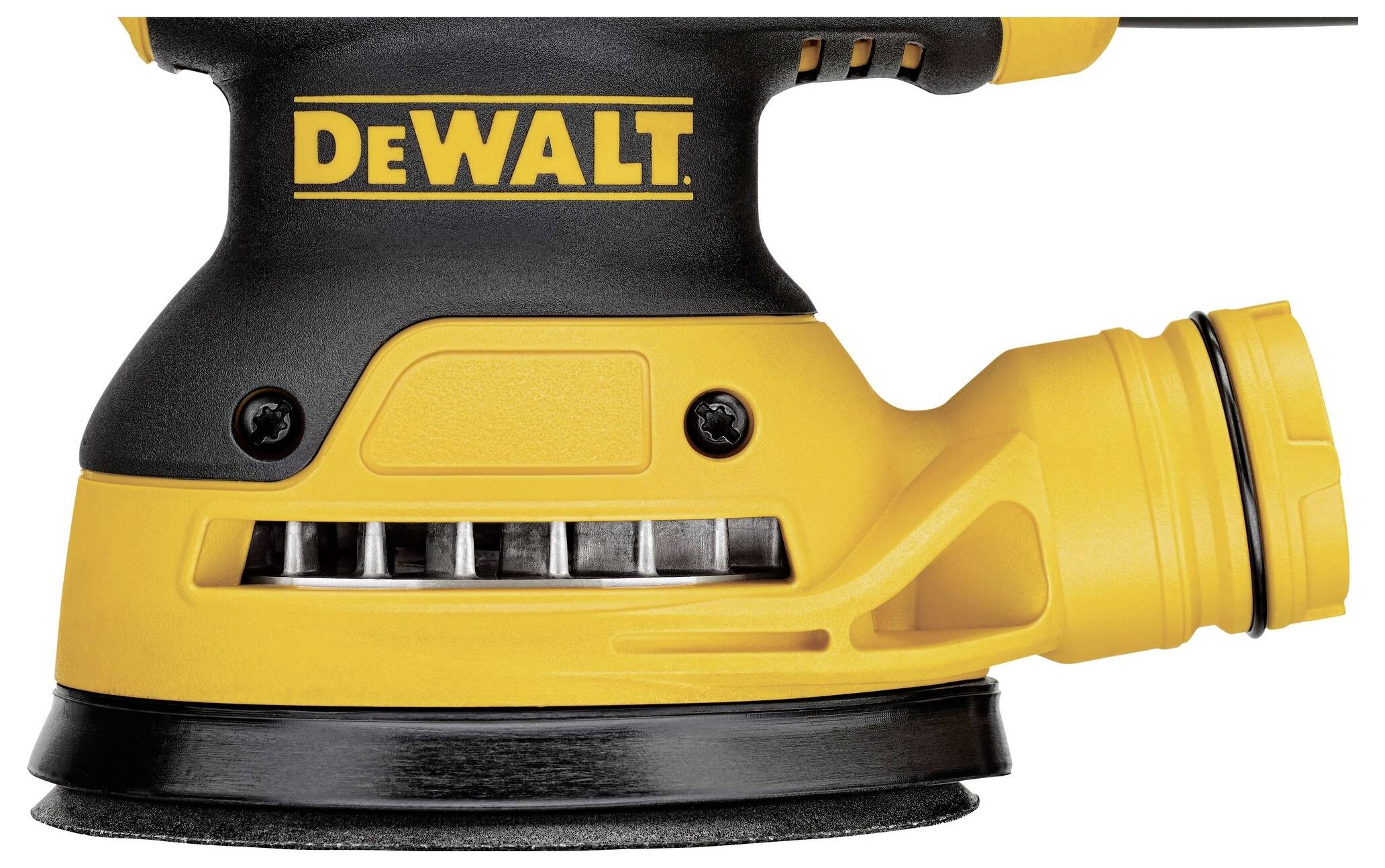 A yellow and black DeWalt orbital sander in close-up, suitable for sanding work on wood and other materials.
