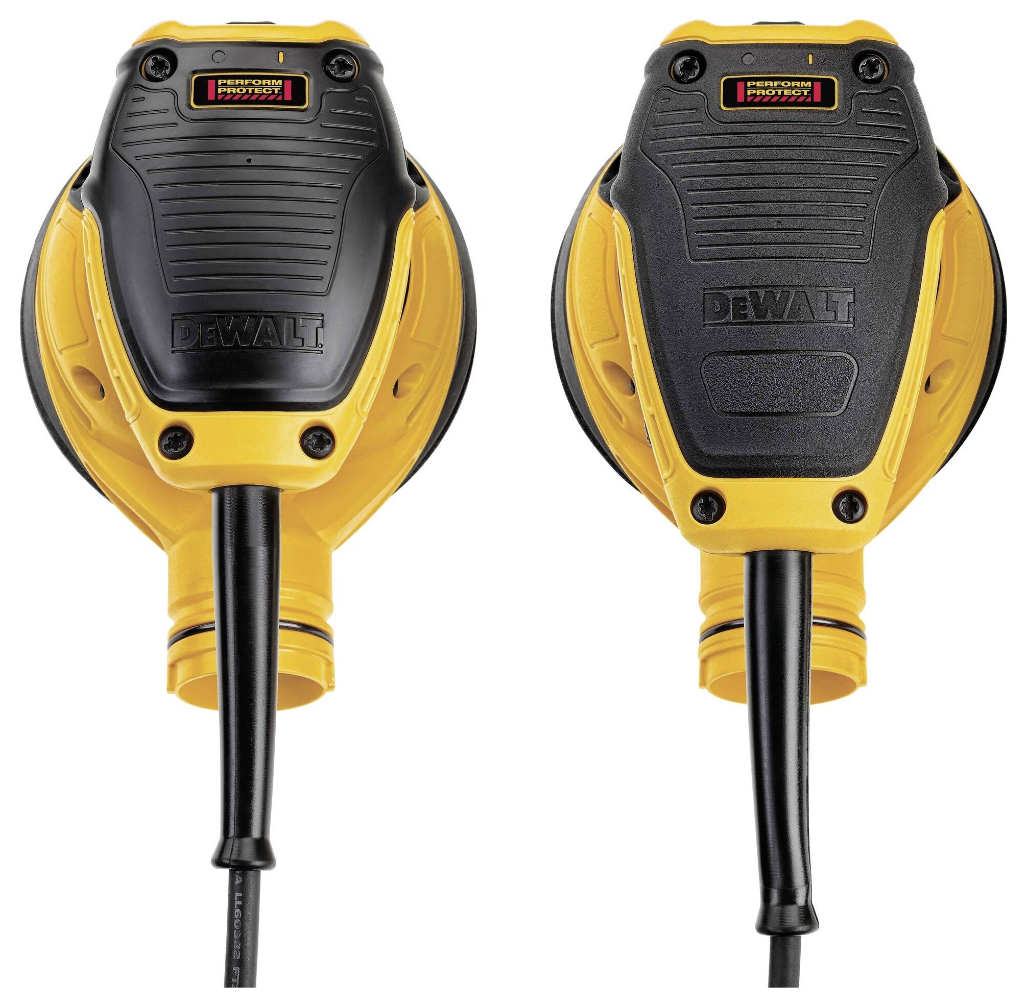 Two yellow and black electrical extension leads with robust design, suitable for use on construction sites.