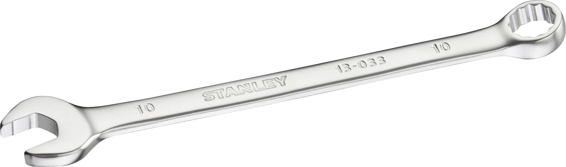 A 10-sized open ring spanner with 'STANLEY' inscription and the number '13-033', with a metallic silver sheen.