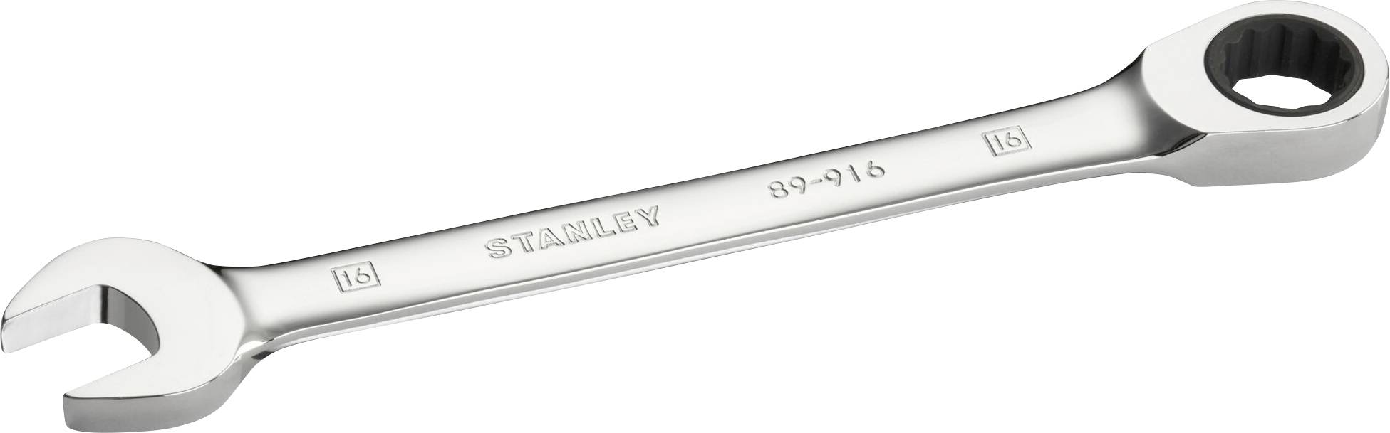 A silver spanner with an open-ended and a ring end, with the name 'Stanley' engraved on it.