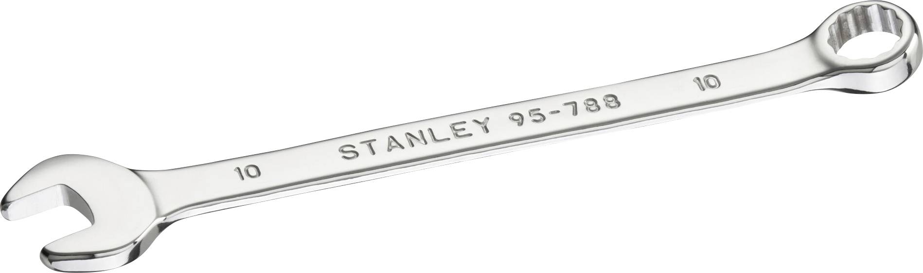 A silver spanner with open and ring-ended sides, marked with 'STANLEY 95-788', size 10.