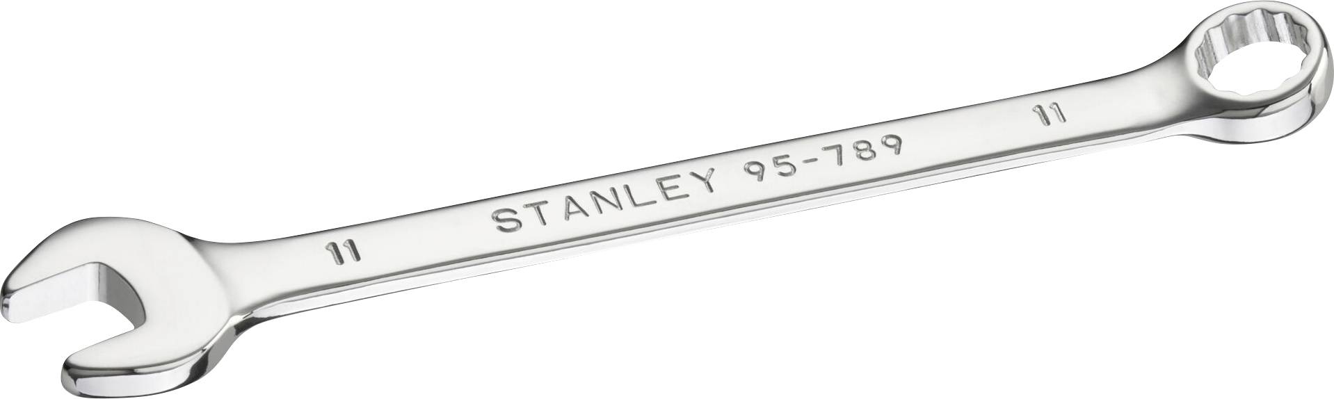 A silver-coloured spanner with open and closed ends, marked 'STANLEY 95-789' and size 11.