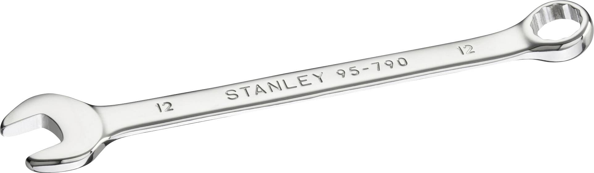 A chrome-plated 12 mm fork ring spanner by Stanley, model number 95-790.