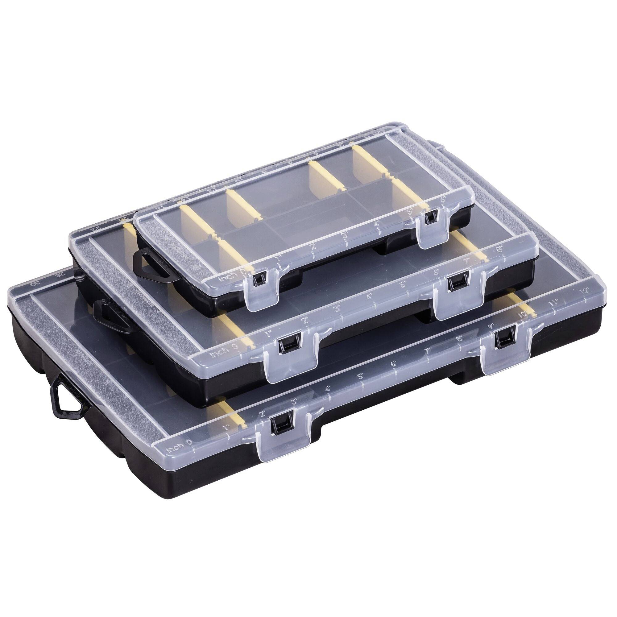 Three transparent, stackable plastic boxes with compartments for storing small items, on a white background.