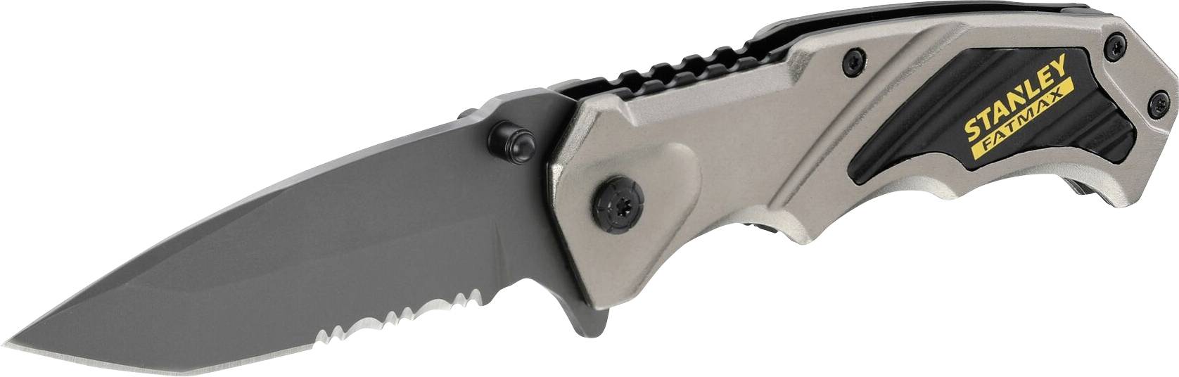 Folding knife with a grey blade and black handle, with the brand name 'Stanley FatMax' printed on the handle.