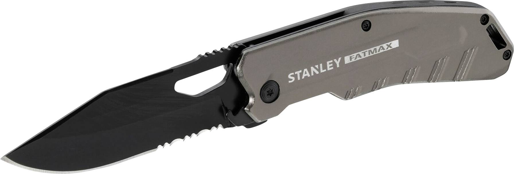Folding pocket knife with a black blade and silver handle, with 'Stanley Fatmax' printed on it.