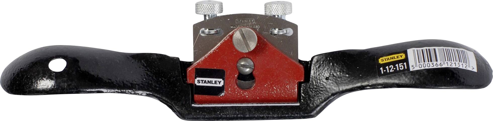 A black plane with a red handle, two silver adjustment screws and a 'Stanley' sticker on the left side of the tool.