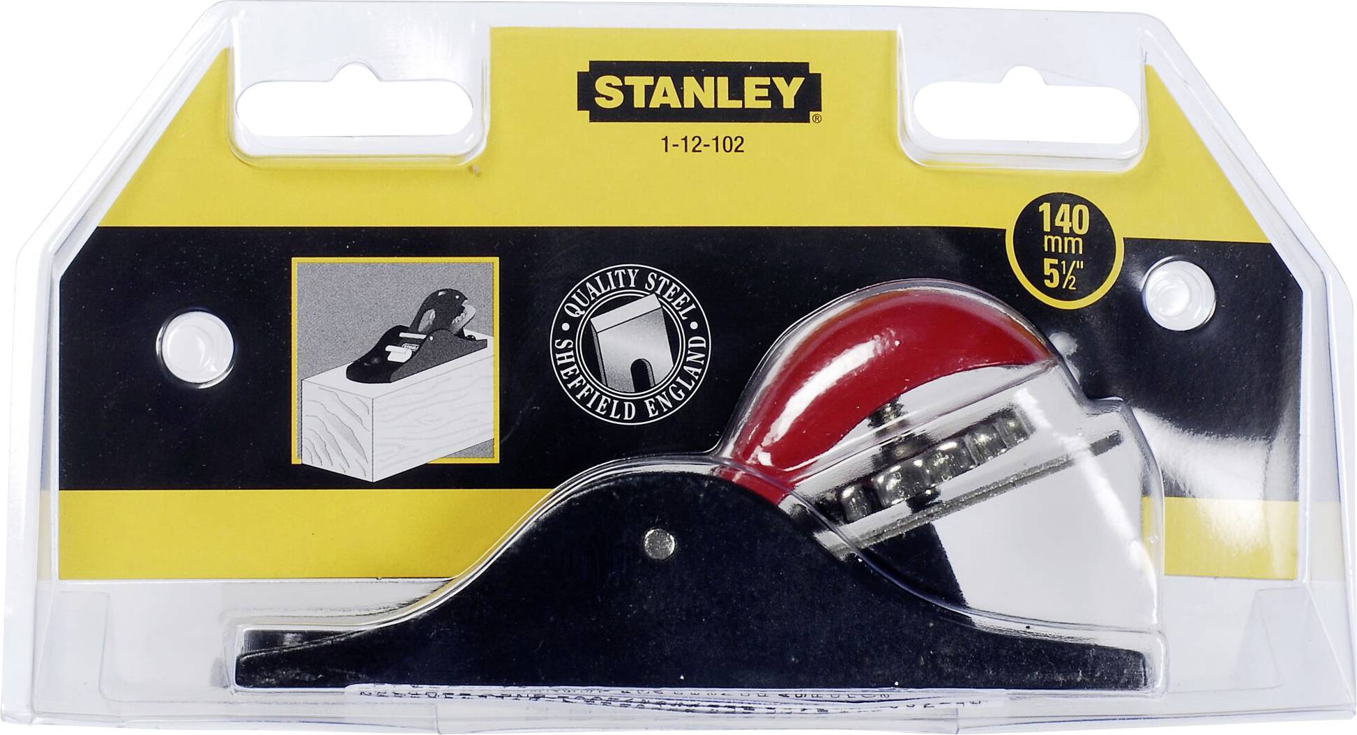 Stanley plane tool in packaging, model number 1-12-102, displayed in plastic packaging with yellow background, length 140mm.