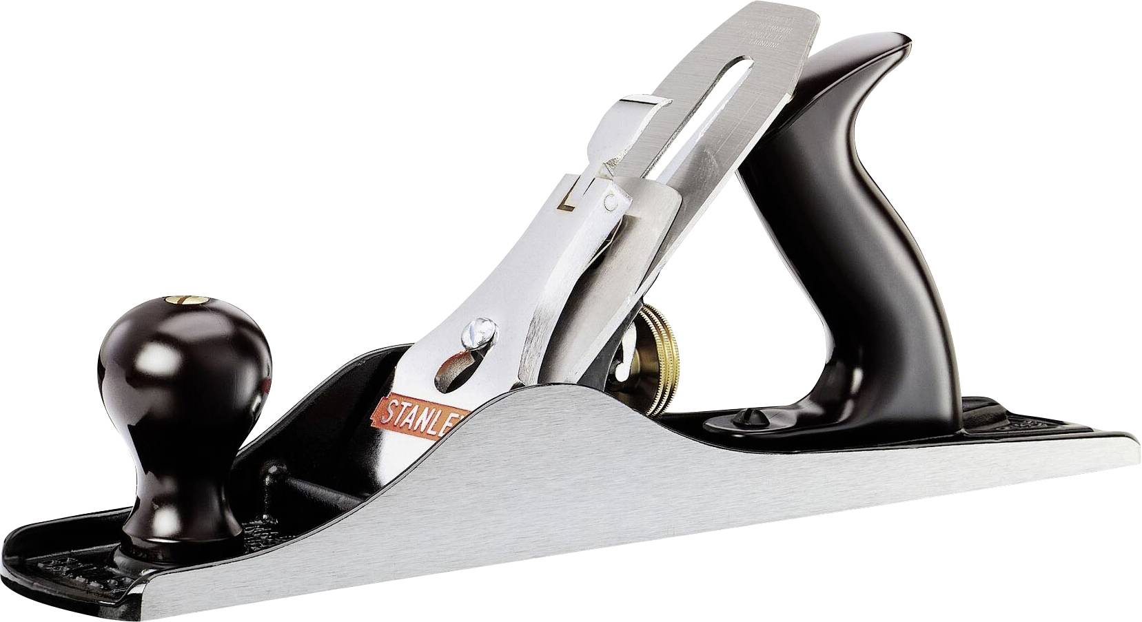 Metal hand plane with a black handle and wooden knob, suitable for precise planing of wooden surfaces in woodworking.