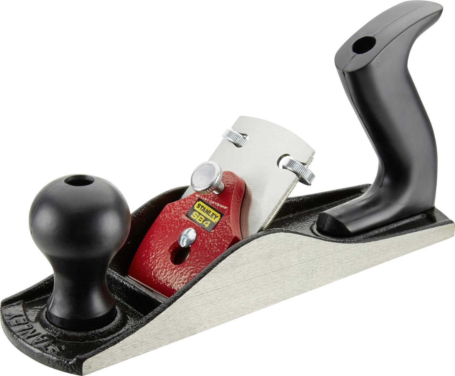 Plane with a black handle for carpentry work, showing the smooth metal base and red adjustment component for fine shaving.