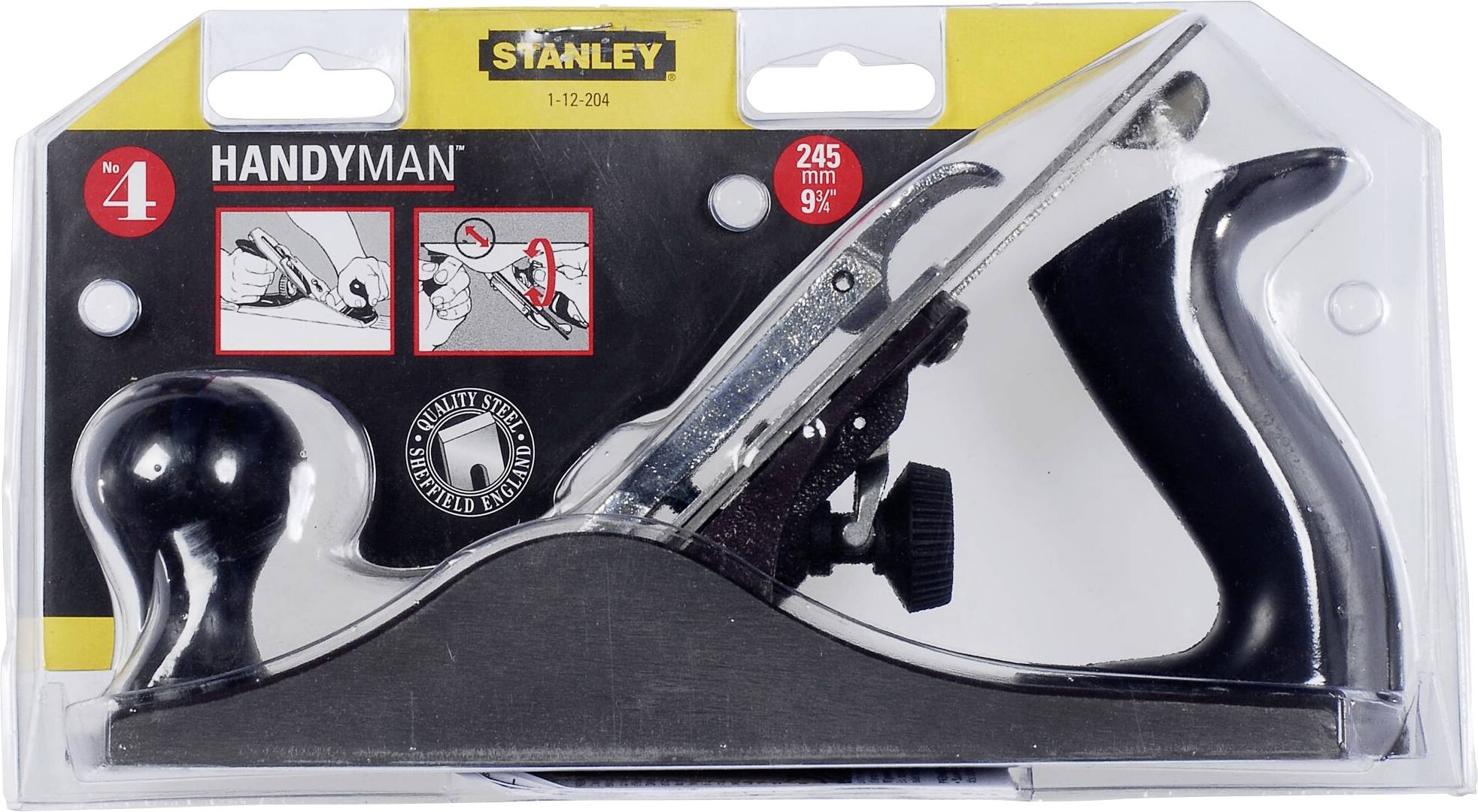 Plane in blister packaging with 'Stanley Handyman' printed on it. Contains safety instruction symbols. Predominantly black in colour.