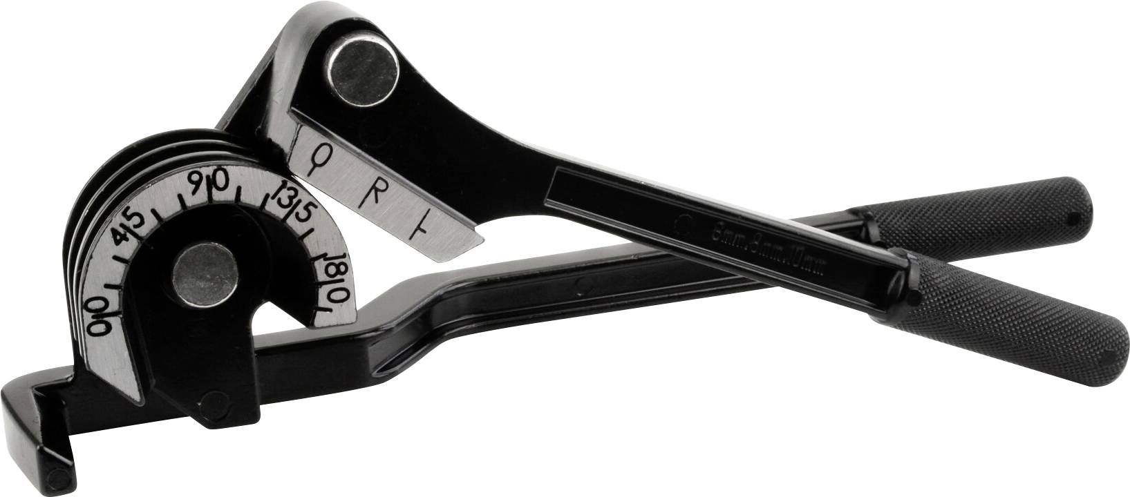 Metal tube bender with angle indicator, showing various bending angles from 0° to 180°.