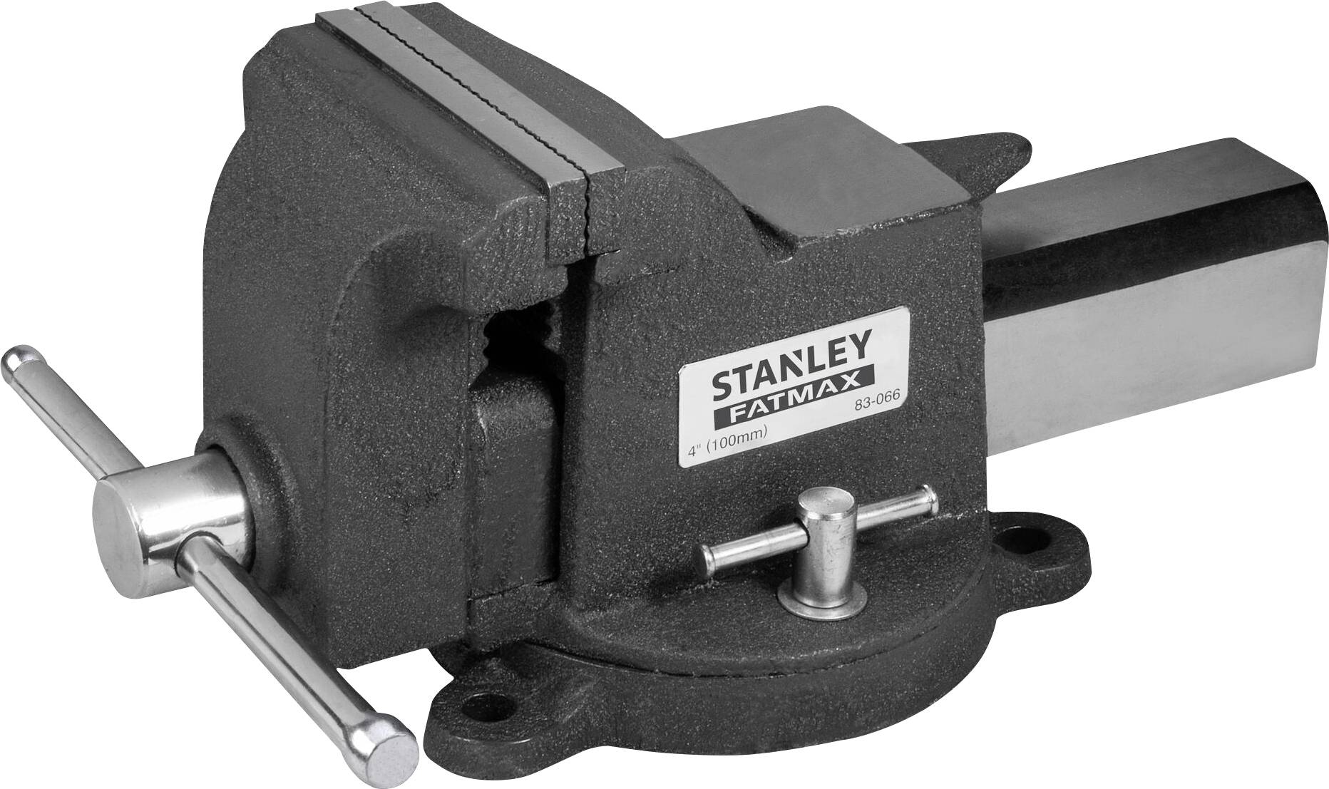 Stanley Fatmax metal vice in black and silver, suitable for holding workpieces. Model name on the side.