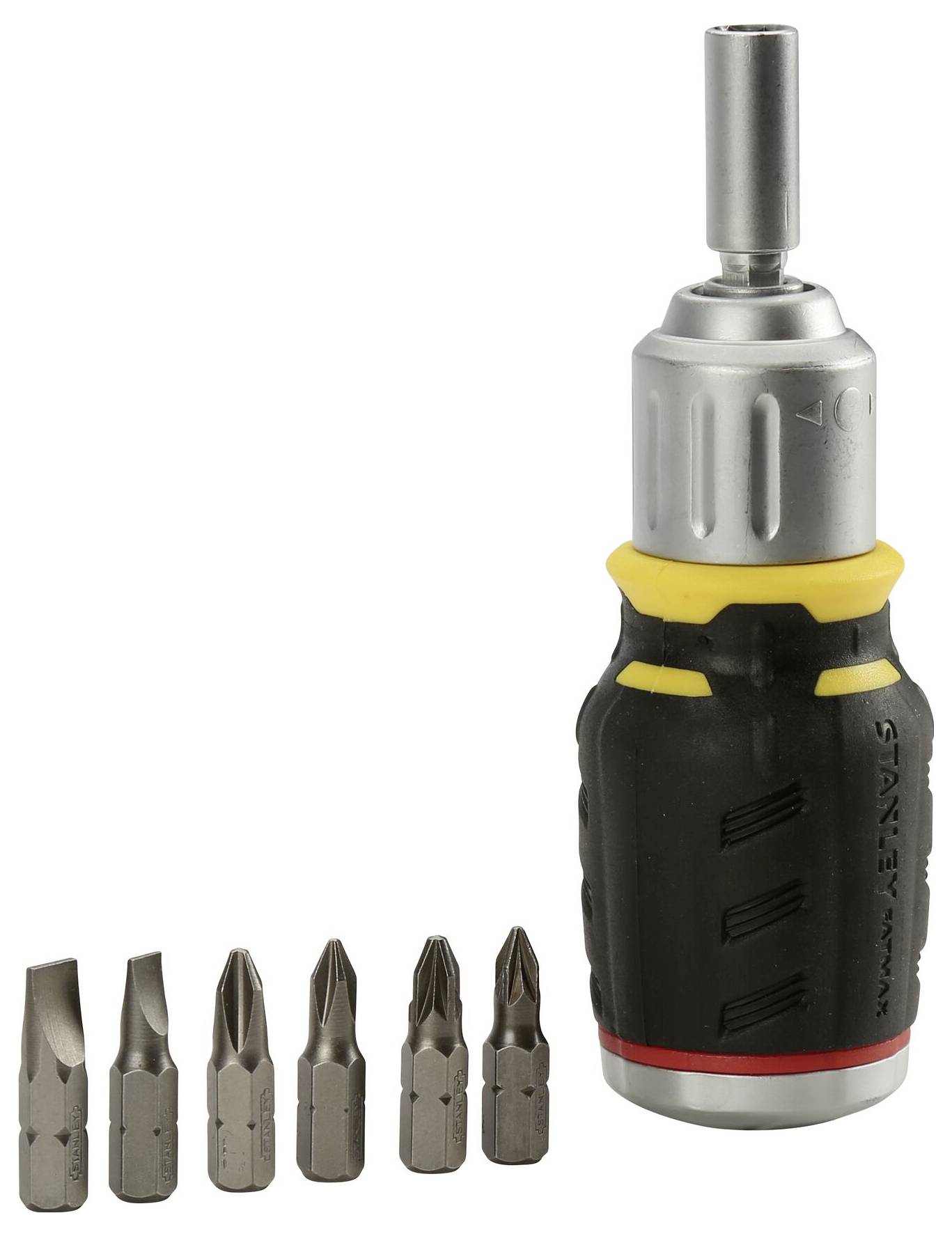 Screwdriver with interchangeable bit set, comprising six different bit heads.