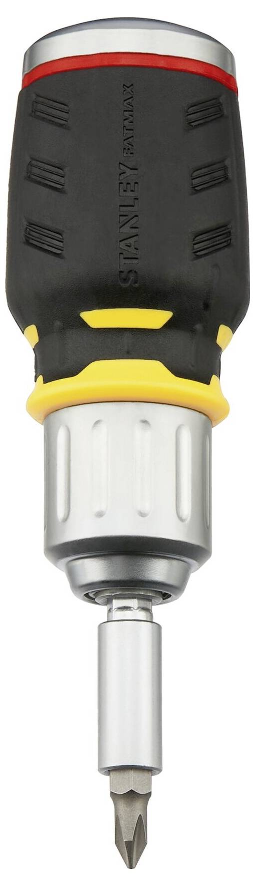 A screwdriver with an ergonomic handle and interchangeable bit, suitable for various screw types.