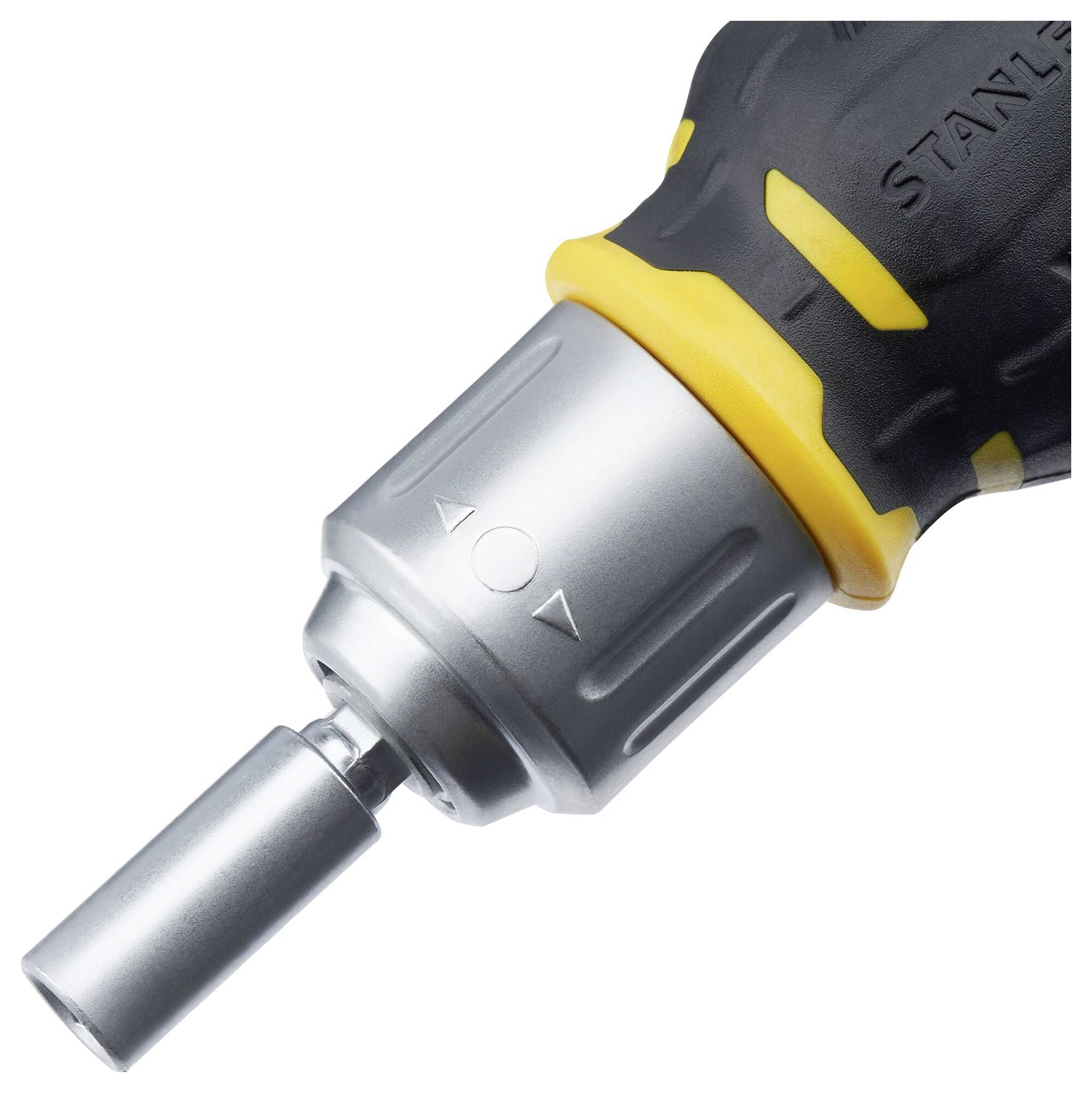 Electric drill with a yellow and black handle, silver head, and an attachment used for tightening or loosening screws.