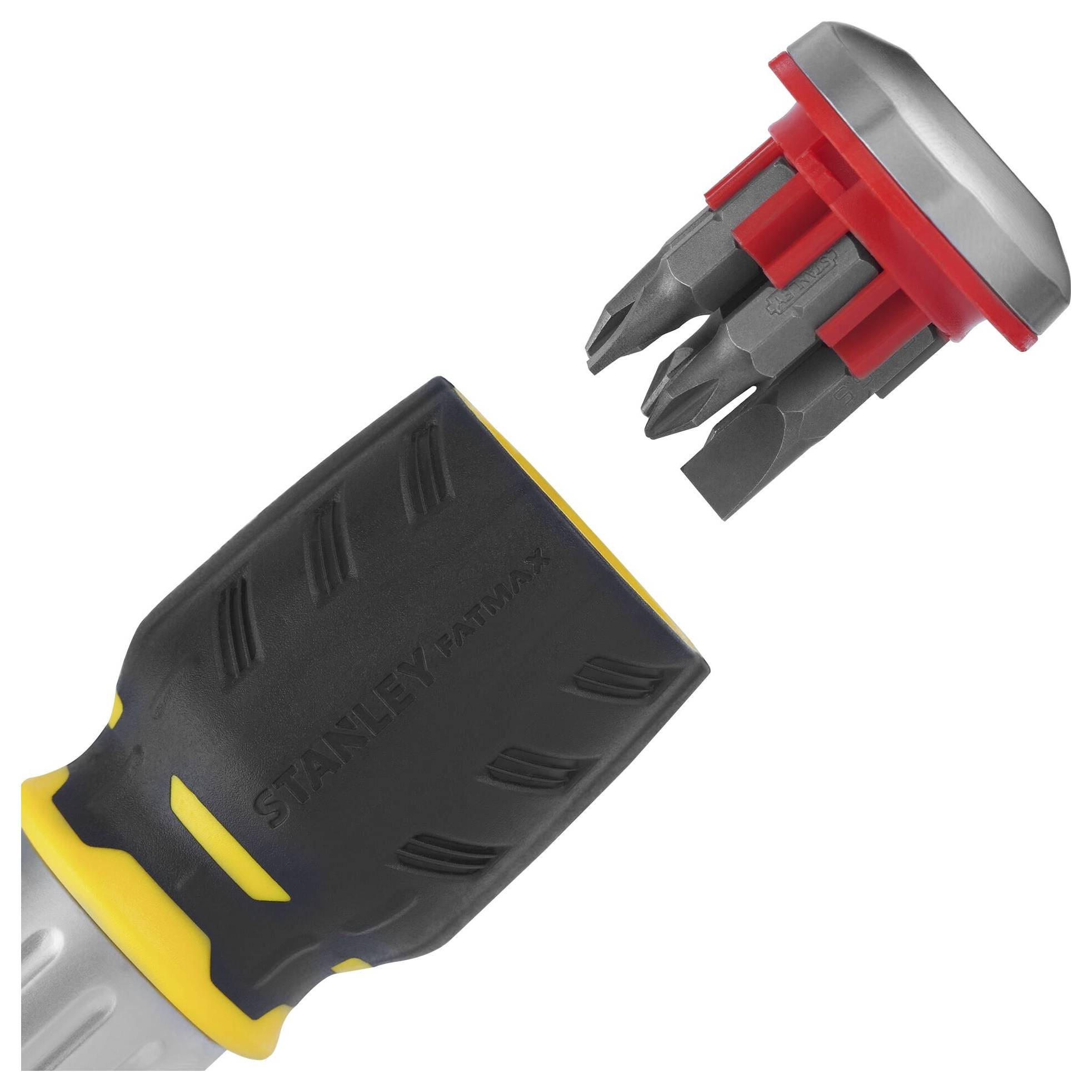Close-up of a screwdriver with a removable cap. Several bits that can be stored in the cap are visible behind it.