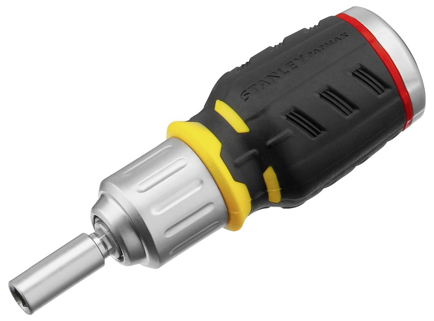 A black screwdriver with yellow and red accents, a short handle, and an interchangeable head for various screwdriver bits.