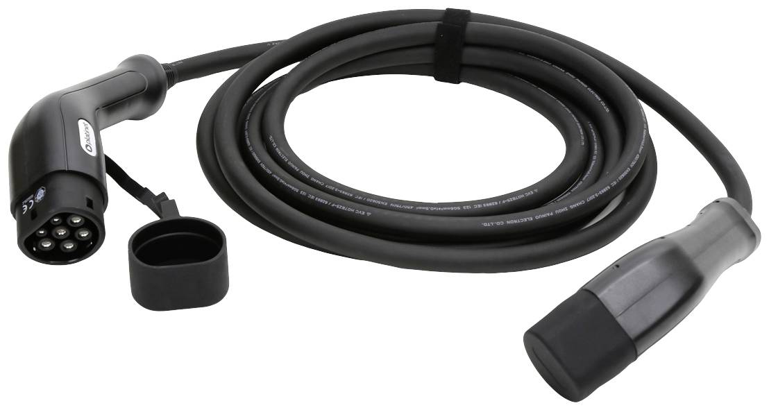 Electric vehicle charging cable, black cable strand with silver and black connector, removable protective cap.
