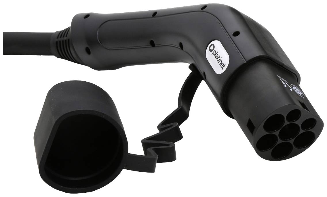 Black charging connector for electric vehicles with removable protective cover.