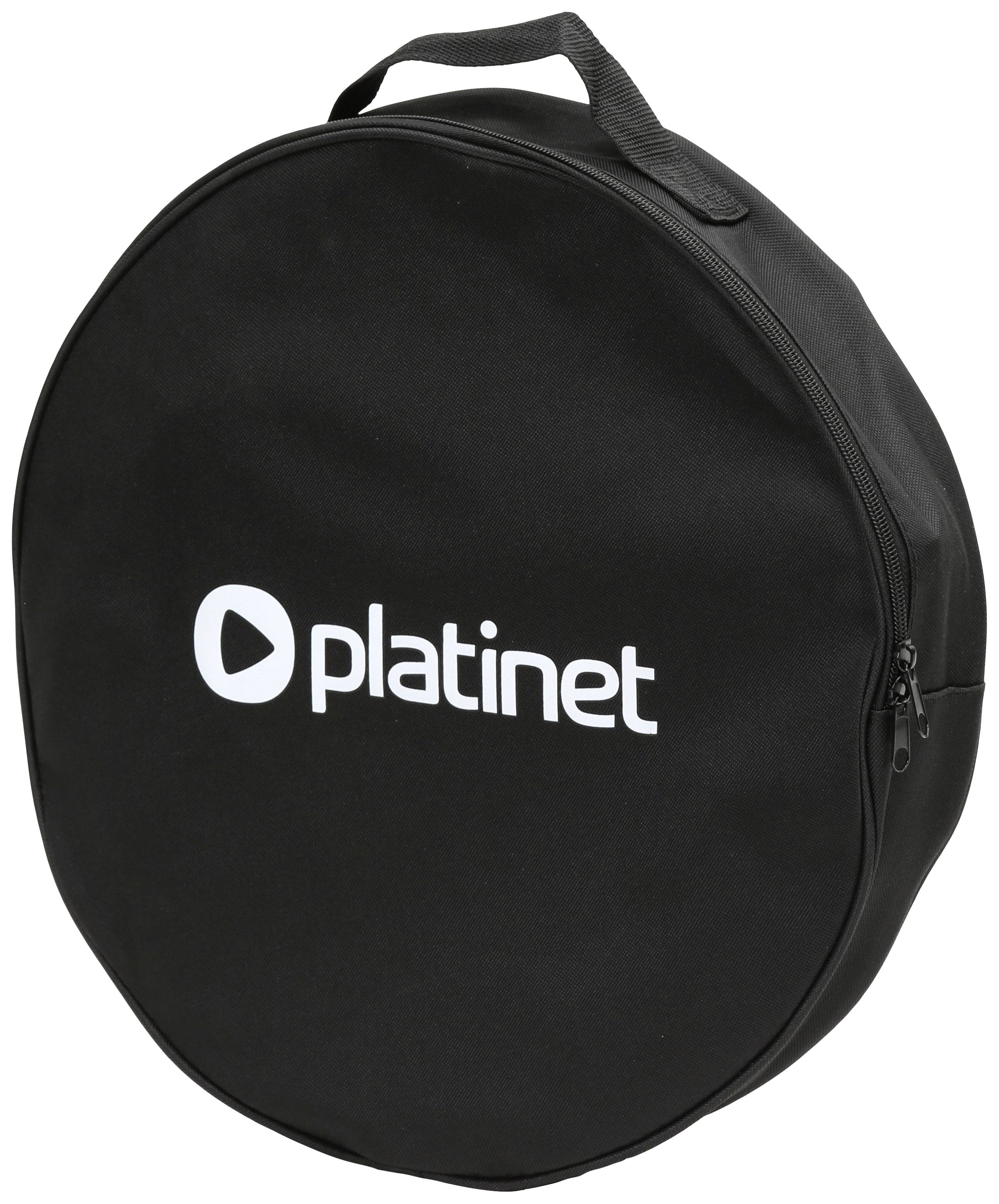 Black round zip-up tote bag with handle, printed with 'platinet'.
