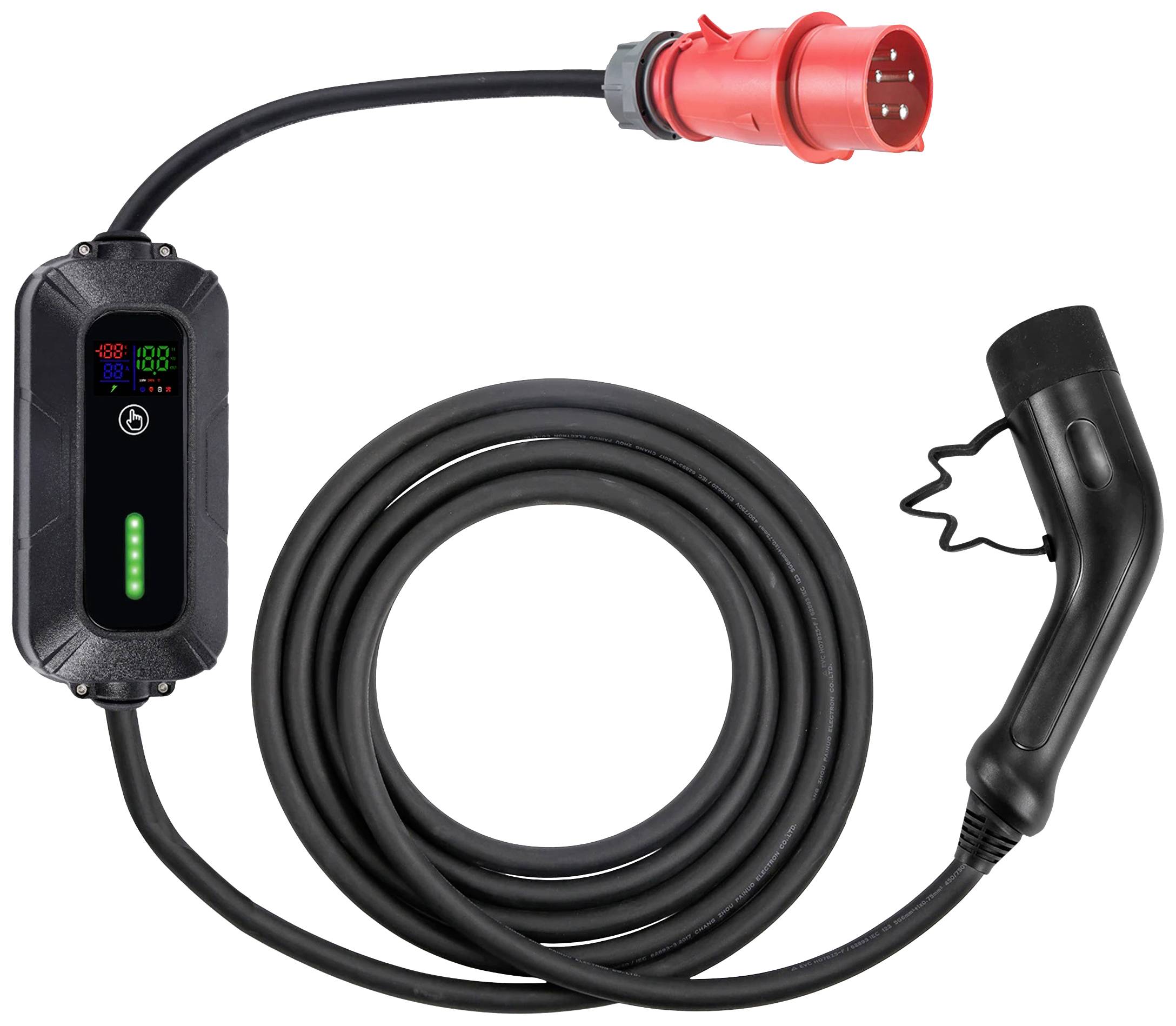 A black charging cable for electric vehicles with a red plug on the left side and a charging handle on the right side.