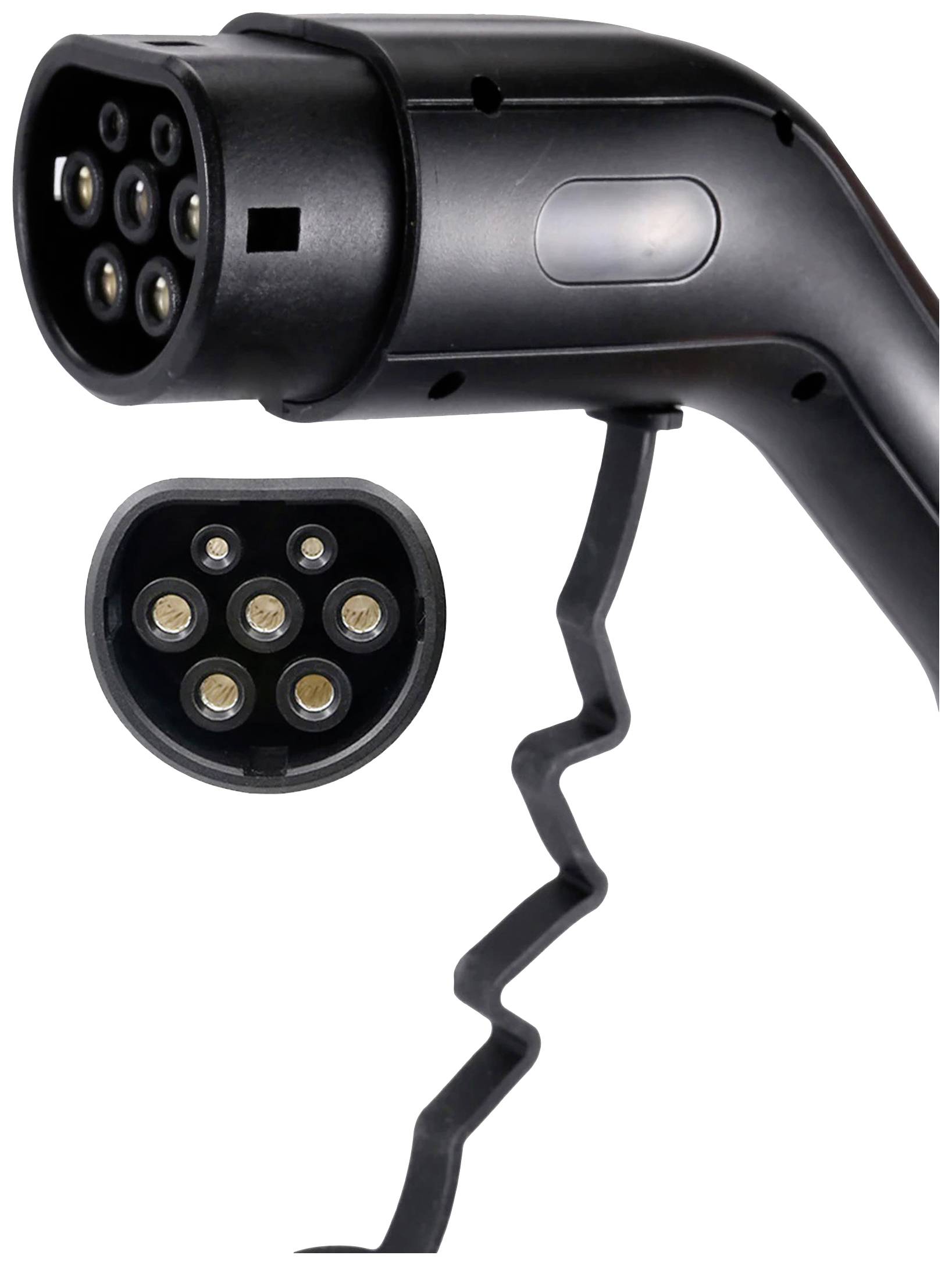 A black electric charging plug with six round contacts, connected to a coiled cable, shows the connections in detail.