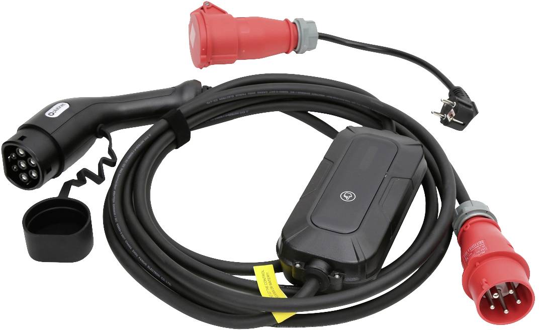 Charging cable for electric vehicles with Type 2 plug, control box and red power supply connector.