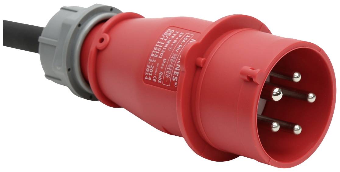 Red three-pin industrial plug with grey cable connection, used for heavy electrical equipment in industrial environments.