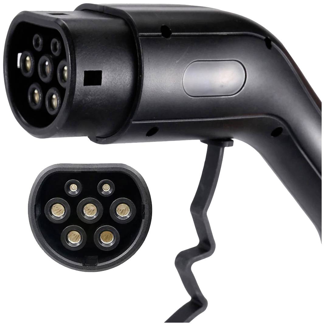 Close-up of a black electric vehicle charging plug with multiple metal pins, suitable for charging electric vehicles.