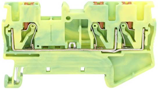 Green terminal block, yellow accents, side springs visible. Key component in electrical circuits for connecting cables.