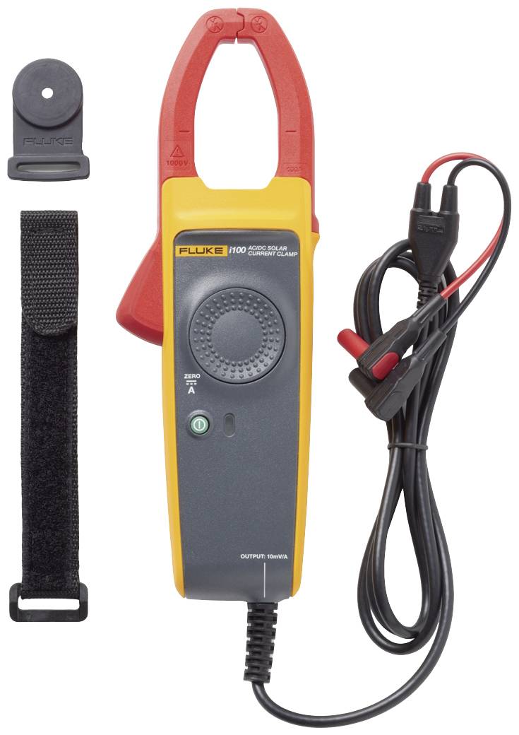Fluke electrical current clamp meter with a yellow and red casing and cable. Includes mounting clip and hook-and-loop fastener.