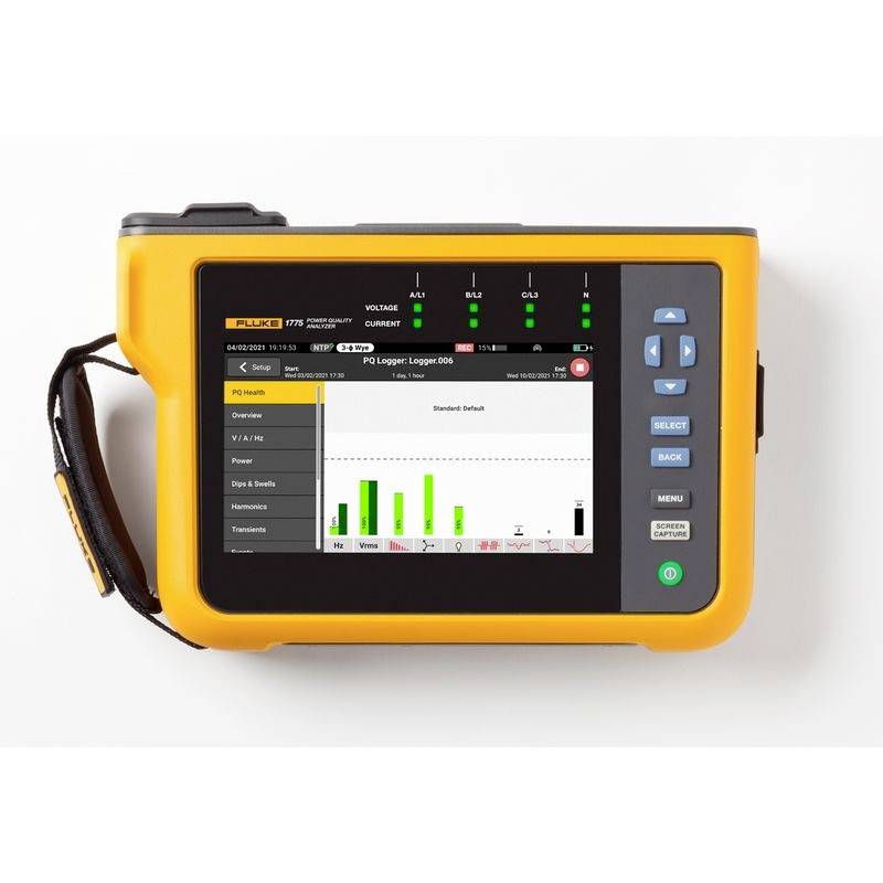A portable, yellow multimeter displays a screen view with a bar graph for voltage and frequency measurement.