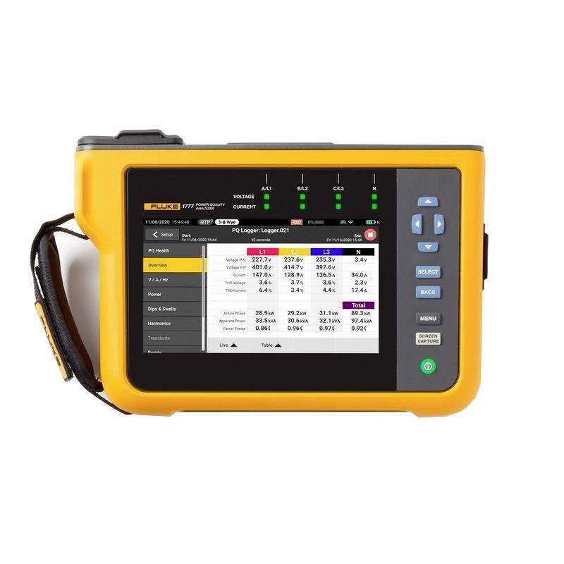 A portable device for measuring and analysing voltage and current values, with a screen displaying tables of measurement data.