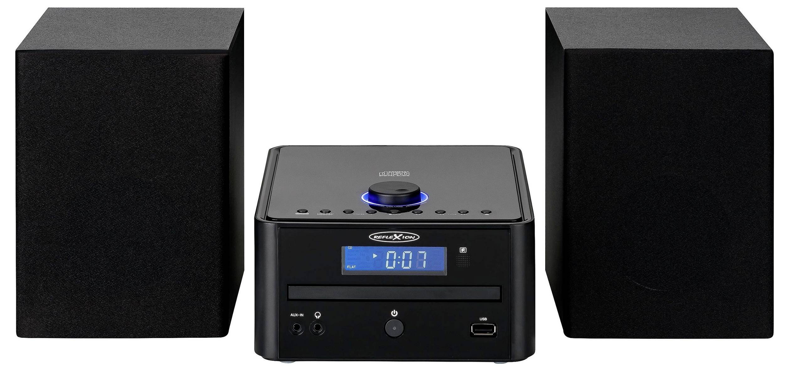 Black stereo system with a central CD receiver showing '0:07' on its display, flanked by two tall black speakers.